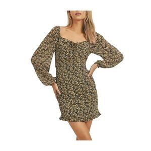 LUSH NEW $79 Long Sleeve Ruched Mini Dress Black Yellow Floral Small‎
